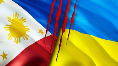 Yara izi olan Filipinler ve Ukrayna bayrakları. Dalgalanan bayrak, 3 boyutlu görüntüleme. Filipinler ve Ukrayna çatışma konsepti. Filipinler Ukrayna ilişkileri kavramı. Filipinler ve Ukrain bayrağı