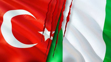 Yara izi olan Türkiye ve Nijerya bayrakları. Dalgalanan bayrak, 3 boyutlu görüntüleme. Türkiye ve Nijerya çatışma konsepti. Türkiye Nijerya ilişkileri kavramı. Türkiye ve Nijerya bayrağı krizi, savaş, saldırı konsepti