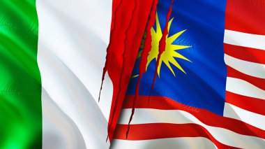 İtalya ve Malezya yara izi kavramına sahip bayraklar. Dalgalanan bayrak, 3 boyutlu görüntüleme. İtalya ve Malezya çatışma konsepti. İtalya Malezya ilişkileri kavramı. İtalya ve Malezya bayrağı krizi, savaş, saldırı konsepti