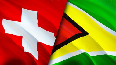 İsviçre ve Guyana bayrakları. 3 boyutlu dalgalanan bayrak tasarımı. İsviçre Guyana bayrağı, resim, duvar kağıdı. İsviçre, Guyana 'ya karşı, görüntü 3 boyutlu. İsviçre Guyana ilişkileri ittifakı