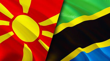 Kuzey Makedonya ve Tanzanya bayrakları. 3 boyutlu dalgalanan bayrak tasarımı. Kuzey Makedonya Tanzanya bayrağı, resim, duvar kağıdı. Kuzey Makedonya, Tanzanya 'ya karşı, görüntü 3D. Kuzey Makedonya Tanzanya ilişkileri