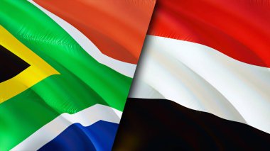 Güney Afrika ve Yemen bayrakları. 3 boyutlu dalgalanan bayrak tasarımı. Güney Afrika Yemen bayrağı, resim, duvar kağıdı. Güney Afrika, Yemen 'e karşı, görüntü 3 boyutlu. Güney Afrika Yemen ilişkileri ittifakı