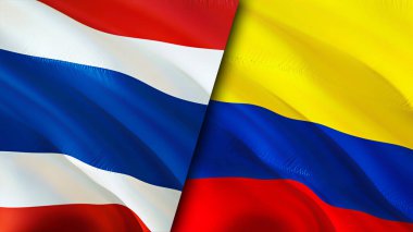 Tayland ve Kolombiya bayrakları. 3 boyutlu dalgalanan bayrak tasarımı. Tayland Kolombiya bayrağı, resim, duvar kağıdı. Tayland, Kolombiya 'ya karşı, görüntü 3 boyutlu. Tayland Kolombiya ilişkileri ittifak ve ticaret, seyahat, turnuva