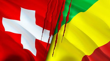 Yara izi olan İsviçre ve Kongo bayrakları. Dalgalanan bayrak, 3 boyutlu görüntüleme. İsviçre ve Kongo çatışma konsepti. İsviçre Kongo ilişkileri kavramı. İsviçre bayrağı ve Kongo krizi, savaş, attac