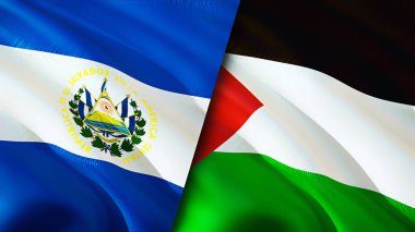 El Salvador ve Filistin bayrakları. 3 boyutlu dalgalanan bayrak tasarımı. El Salvador Filistin bayrağı, resim, duvar kağıdı. El Salvador Filistin 'e karşı, görüntü 3D. El Salvador Filistin ilişkileri savaş ittifakı