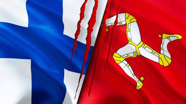 Finlandiya ve Man Adası yara izi olan bayraklar. Dalgalanan bayrak, 3 boyutlu görüntüleme. Finlandiya ve Man Adası çatışma konsepti. Finlandiya Erkek İlişkileri Adası konsepti. Finlandiya bayrağı ve Ma Adası