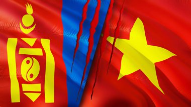 Yara izi olan Moğolistan ve Vietnam bayrakları. Dalgalanan bayrak, 3 boyutlu görüntüleme. Moğolistan ve Vietnam çatışma konsepti. Moğolistan Vietnam ilişkileri kavramı. Moğolistan bayrağı ve Vietnam krizi, savaş, attac