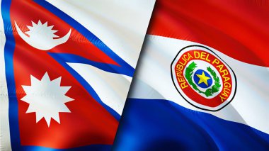 Nepal ve Paraguay bayrakları. 3 boyutlu dalgalanan bayrak tasarımı. Nepal Paraguay bayrağı, resim, duvar kağıdı. Nepal, Paraguay 'a karşı, görüntü 3 boyutlu. Nepal Paraguay ilişkileri ittifak ve ticaret, seyahat, turizm konsepti