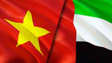 Vietnam ve Birleşik Arap Emirlikleri bayrakları yara izi konseptiyle. Dalgalanan bayrak, 3 boyutlu görüntüleme. Vietnam ve Birleşik Arap Emirlikleri çatışma konsepti. Vietnam Birleşik Arap Emirlikleri ilişkileri kavramı. Vietnam bayrağı