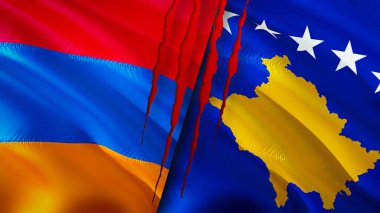 Yara izi olan Ermenistan ve Kosova bayrakları. Dalgalanan bayrak, 3 boyutlu görüntüleme. Ermenistan ve Kosova ihtilaf kavramı. Ermenistan Kosova ilişkileri kavramı. Ermenistan bayrağı ve Kosova krizi, savaş, saldırı