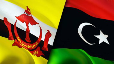 Brunei ve Libya bayrakları. 3 boyutlu dalgalanan bayrak tasarımı. Brunei Libya bayrağı, resim, duvar kağıdı. Brunei Libya 'ya karşı, görüntü 3 boyutlu. Brunei Libya ilişkileri ittifak ve ticaret, seyahat, turizm konsepti