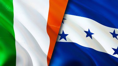 İrlanda ve Honduras bayrakları. 3 boyutlu dalgalanan bayrak tasarımı. İrlanda Honduras bayrağı, resim, duvar kağıdı. İrlanda, Honduras 'a karşı, görüntü 3 boyutlu. İrlanda Honduras savaş ittifakı kavramı. Ticaret, turnuva.