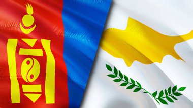 Moğolistan ve Kıbrıs bayrakları. 3 boyutlu dalgalanan bayrak tasarımı. Moğolistan Kıbrıs bayrağı, resim, duvar kağıdı. Moğolistan Kıbrıs Rum Kesimi 'ne karşı, görüntü 3D. Moğolistan Kıbrıs Rum Kesimi ilişkileri ittifak ve Ticaret, seyahat, turizm konsepti