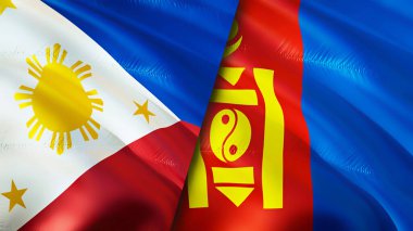 Filipinler ve Moğolistan bayrakları. 3 boyutlu dalgalanan bayrak tasarımı. Filipinler Moğolistan bayrağı, resim, duvar kağıdı. Filipinler, Moğolistan imajına karşı, 3 boyutlu canlandırma. Filipinler Moğolistan ilişkileri