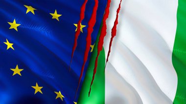 Yara izi olan Avrupa Birliği ve Nijerya bayrakları. Dalgalanan bayrak, 3 boyutlu görüntüleme. Avrupa Birliği ve Nijerya çatışma konsepti. Avrupa Birliği Nijerya ilişkileri kavramı. Avrupa Birliği bayrağı