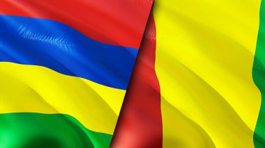 Mauritius ve Gine bayrakları. 3 boyutlu dalgalanan bayrak tasarımı. Mauritius Gine bayrağı, resim, duvar kağıdı. Mauritius vs Gine imajı, 3 boyutlu görüntüleme. Mauritius Gine ilişkileri ittifak ve ticaret, seyahat, turnuva