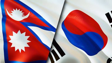 Nepal ve Güney Kore bayrakları. 3 boyutlu dalgalanan bayrak tasarımı. Nepal Güney Kore bayrağı, resim, duvar kağıdı. Nepal, Güney Kore 'ye karşı, görüntü 3 boyutlu. Nepal Güney Kore ilişkileri ittifak ve ticaret, seyahat, turnuva