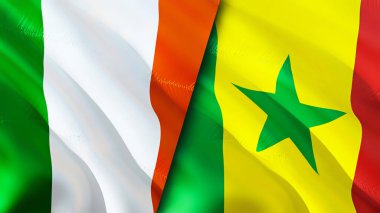 İrlanda ve Senegal bayrakları. 3 boyutlu dalgalanan bayrak tasarımı. İrlanda Senegal bayrağı, resim, duvar kağıdı. İrlanda, Senegal imajına karşı, 3D görüntüleme. İrlanda Senegal ilişkileri savaş ittifakı kavramı. Ticaret, turnuva.
