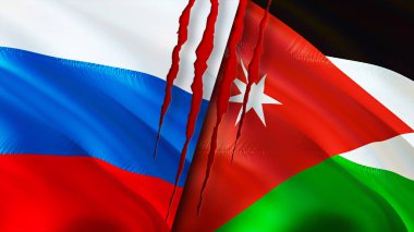 Rusya ve Ürdün yara izi kavramına sahip bayraklar. Dalgalanan bayrak, 3 boyutlu görüntüleme. Rusya ve Ürdün çatışma konsepti. Rusya Ürdün ilişkileri kavramı. Rusya ve Ürdün bayrağı krizi, savaş, saldırı konsepti