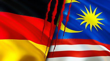 Almanya ve Malezya yara izi kavramına sahip bayraklar. Dalgalanan bayrak, 3 boyutlu görüntüleme. Almanya ve Malezya çatışma konsepti. Almanya Malezya ilişkileri kavramı. Almanya bayrağı ve Malezya krizi, savaş, attac