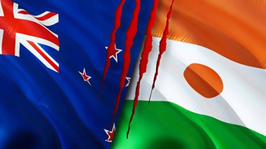 Yara izi olan Yeni Zelanda ve Nijer bayrakları. 3D bayrak sallama. Yeni Zelanda ve Nijer çatışması konsepti. Yeni Zelanda Nijer İlişkileri kavramı. Yeni Zelanda bayrağı ve Nijer krizi, savaş, attac