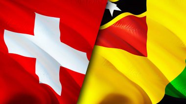 İsviçre ve Nevis Adası bayrakları. 3 boyutlu dalgalanan bayrak tasarımı. İsviçre Nevis Adası bayrağı, resim, duvar kağıdı. İsviçre, Nevis Adası 'na karşı. Görüntü 3 boyutlu. İsviçre Nevis Adası ilişkisi