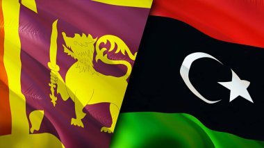 Sri Lanka ve Libya bayrakları. 3 boyutlu dalgalanan bayrak tasarımı. Sri Lanka Libya bayrağı, resim, duvar kağıdı. Sri Lanka Libya imajına karşı, 3D görüntüleme. Sri Lanka Libya ilişkileri ittifak ve ticaret, seyahat, turizm konsepti