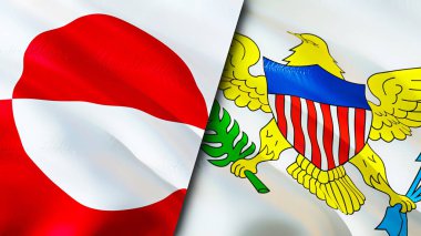 Grönland ve ABD Virgin adaları bayrakları. 3 boyutlu dalgalanan bayrak tasarımı. Grönland Birleşik Devletleri Virgin Adaları bayrağı, resmi, duvar kağıdı. Grönland, ABD Virgin Adaları 'na karşı. Görüntü 3 boyutlu. Grönland ABD Virgi