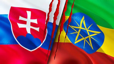 Slovakya ve Etiyopya yara izi olan bayraklar. Dalgalanan bayrak, 3 boyutlu görüntüleme. Slovakya ve Etiyopya çatışma konsepti. Slovakya Etiyopya ilişkileri kavramı. Slovakya bayrağı ve Etiyopya krizi, savaş, attac