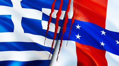 Yunanistan ve Hollanda Antilleri yara izi kavramına sahip bayraklar. Dalgalanan bayrak, 3 boyutlu görüntüleme. Yunanistan ve Hollanda Antilleri çatışma konsepti. Yunanistan Hollanda Antiller ilişkileri kavramı. Yunanistan bayrağı