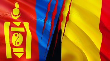 Yara izi olan Moğolistan ve Belçika bayrakları. Dalgalanan bayrak, 3 boyutlu görüntüleme. Moğolistan ve Belçika çatışma konsepti. Moğolistan Belçika ilişkileri kavramı. Moğolistan bayrağı ve Belçika krizi, savaş, attac