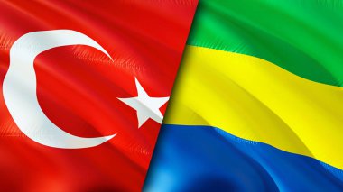 Hindi ve Gabon bayrakları. 3 boyutlu dalgalanan bayrak tasarımı. Hindi Gabon bayrağı, resim, duvar kağıdı. Türkiye, Gabon 'a karşı, görüntü 3D. Türkiye Gabon ilişkileri ittifak ve ticaret, seyahat ve turizm konsepti