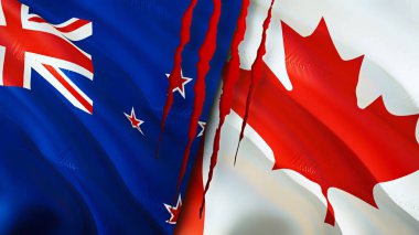 Yara izi olan Yeni Zelanda ve Kanada bayrakları. 3D bayrak sallama. Yeni Zelanda ve Kanada çatışma konsepti. Yeni Zelanda Kanada ilişkileri kavramı. Yeni Zelanda bayrağı ve Kanada krizi, savaş