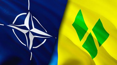 NATO, Saint Vincent ve Grenadine bayrakları. 3 boyutlu dalgalanan bayrak tasarımı. Saint Vincent ve Grenadines NATO bayrağı, resim, duvar kağıdı. NATO, Saint Vincent 'e karşı ve Grenadines görüntüsü, 3D görüntüleme