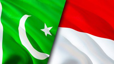Pakistan ve Monako bayrakları. 3 boyutlu dalgalanan bayrak tasarımı. Pakistan Monako bayrağı, resim, duvar kağıdı. Pakistan, Monako 'ya karşı, görüntü 3 boyutlu. Pakistan Monako ilişkileri ittifak ve ticaret, seyahat, turizm konsepti