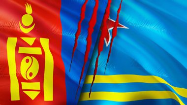 Yara izi olan Moğolistan ve Aruba bayrakları. Dalgalanan bayrak, 3 boyutlu görüntüleme. Moğolistan ve Aruba çatışma konsepti. Moğolistan Aruba ilişkileri kavramı. Moğolistan bayrağı ve Aruba krizi, savaş, saldırı konsepti