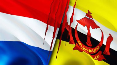 Hollanda ve Brunei bayraklarında yara izi var. Dalgalanan bayrak, 3 boyutlu görüntüleme. Hollanda ve Brunei çatışma konsepti. Hollanda Brunei ilişkileri kavramı. Hollanda bayrağı ve Brunei krizi, savaş