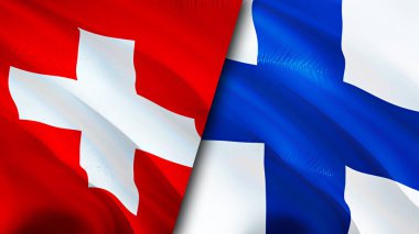 İsviçre ve Finlandiya bayrakları. 3 boyutlu dalgalanan bayrak tasarımı. İsviçre Finlandiya bayrağı, resim, duvar kağıdı. İsviçre, Finlandiya 'ya karşı imaj, 3D görüntüleme. İsviçre ile Finlandiya arasındaki ittifak