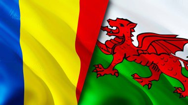 Romanya ve Galler bayrakları. 3 boyutlu dalgalanan bayrak tasarımı. Romanya bayrağı, resim, duvar kağıdı. Romanya, Galler 'e karşı, görüntü 3D. Romanya Galler ilişkileri ittifak ve ticaret, seyahat ve turizm kavramları