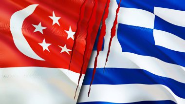 Singapur ve Yunanistan yara izi kavramına sahip bayraklar. Dalgalanan bayrak, 3 boyutlu görüntüleme. Singapur ve Yunanistan çatışma konsepti. Singapur Yunanistan ilişkileri kavramı. Singapur bayrağı ve Yunanistan krizi, savaş, attac