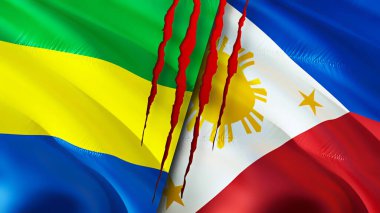 Gabon ve Filipinler yara izi olan bayraklar. Dalgalanan bayrak, 3 boyutlu görüntüleme. Gabon ve Filipinler çatışması konsepti. Gabon Filipinler ilişkileri konsepti. Gabon ve Filipinler bayrağı krizi, savaş, attac