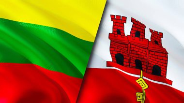 Litvanya ve Cebelitarık bayrakları. 3 boyutlu dalgalanan bayrak tasarımı. Litvanya Cebelitarık bayrağı, resim, duvar kağıdı. Litvanya, Cebelitarık 'a karşı, görüntü 3 boyutlu. Litvanya Cebelitarık ilişkileri