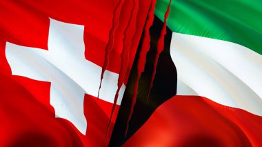 Yara izi olan İsviçre ve Kuveyt bayrakları. Dalgalanan bayrak, 3 boyutlu görüntüleme. İsviçre ve Kuveyt çatışma konsepti. İsviçre Kuveyt ilişkileri kavramı. İsviçre bayrağı ve Kuveyt krizi, savaş