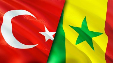 Türkiye ve Senegal bayrakları. 3 boyutlu dalgalanan bayrak tasarımı. Hindi Senegal bayrağı, resim, duvar kağıdı. Türkiye, Senegal imajına karşı, 3D görüntüleme. Türkiye Senegal ilişkileri ittifak ve ticaret, seyahat, turizm konsepti