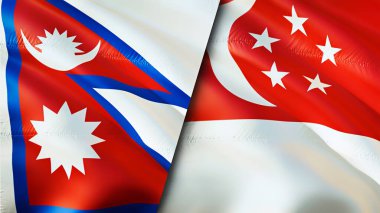 Nepal ve Singapur bayrakları. 3 boyutlu dalgalanan bayrak tasarımı. Nepal Singapur bayrağı, resim, duvar kağıdı. Nepal, Singapur 'a karşı, görüntü 3 boyutlu. Nepal Singapur ilişkileri ittifak ve ticaret, seyahat, turizm konsepti