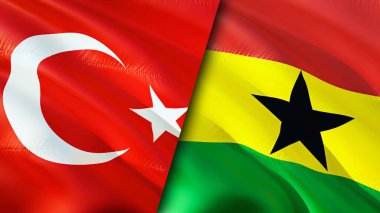 Hindi ve Gana bayrakları. 3 boyutlu dalgalanan bayrak tasarımı. Hindi Gana bayrağı, resim, duvar kağıdı. Türkiye, Gana imajına karşı, 3D görüntüleme. Türkiye Gana ilişkileri ittifak ve ticaret, seyahat, turizm konsepti