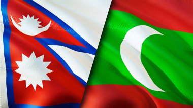 Nepal ve Maldivler bayrakları. 3 boyutlu dalgalanan bayrak tasarımı. Nepal Maldivler bayrağı, resim, duvar kağıdı. Nepal, Maldivler 'e karşı görüntü, 3D görüntüleme. Nepal Maldivler ilişkileri ittifak ve ticaret, seyahat, turizm konsepti