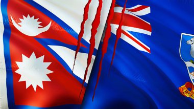 Nepal ve Falkland Adaları yara izi olan bayraklar. Dalgalanan bayrak, 3 boyutlu görüntüleme. Nepal ve Falkland Adaları çatışma konsepti. Nepal Falkland Adaları ilişkileri kavramı. Nepal ve Falklan bayrağı