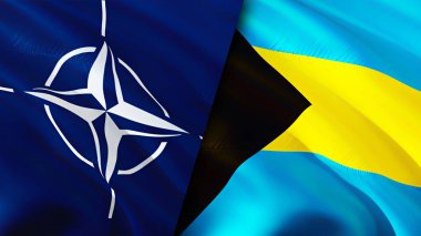 NATO ve Bahamalar bayrakları. 3 boyutlu dalgalanan bayrak tasarımı. Bahamalar NATO bayrağı, resim, duvar kağıdı. NATO, Bahamalar 'a karşı, görüntü 3 boyutlu. NATO Bahamalar ilişkileri ittifak ve Ticaret, seyahat, turizm konsepti