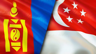 Moğolistan ve Singapur bayrakları. 3 boyutlu dalgalanan bayrak tasarımı. Moğolistan Singapur bayrağı, resim, duvar kağıdı. Moğolistan, Singapur 'a karşı, görüntü 3 boyutlu. Moğolistan Singapur ilişkileri